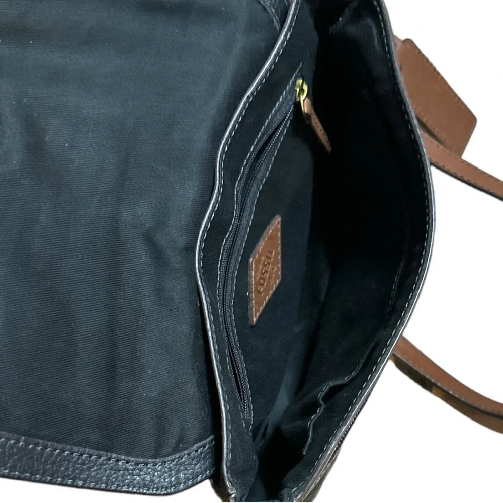 Fossil Cowhide Crossbody or Shoulder Black Pebble Stone with Brown Accents - Picture 8 of 13